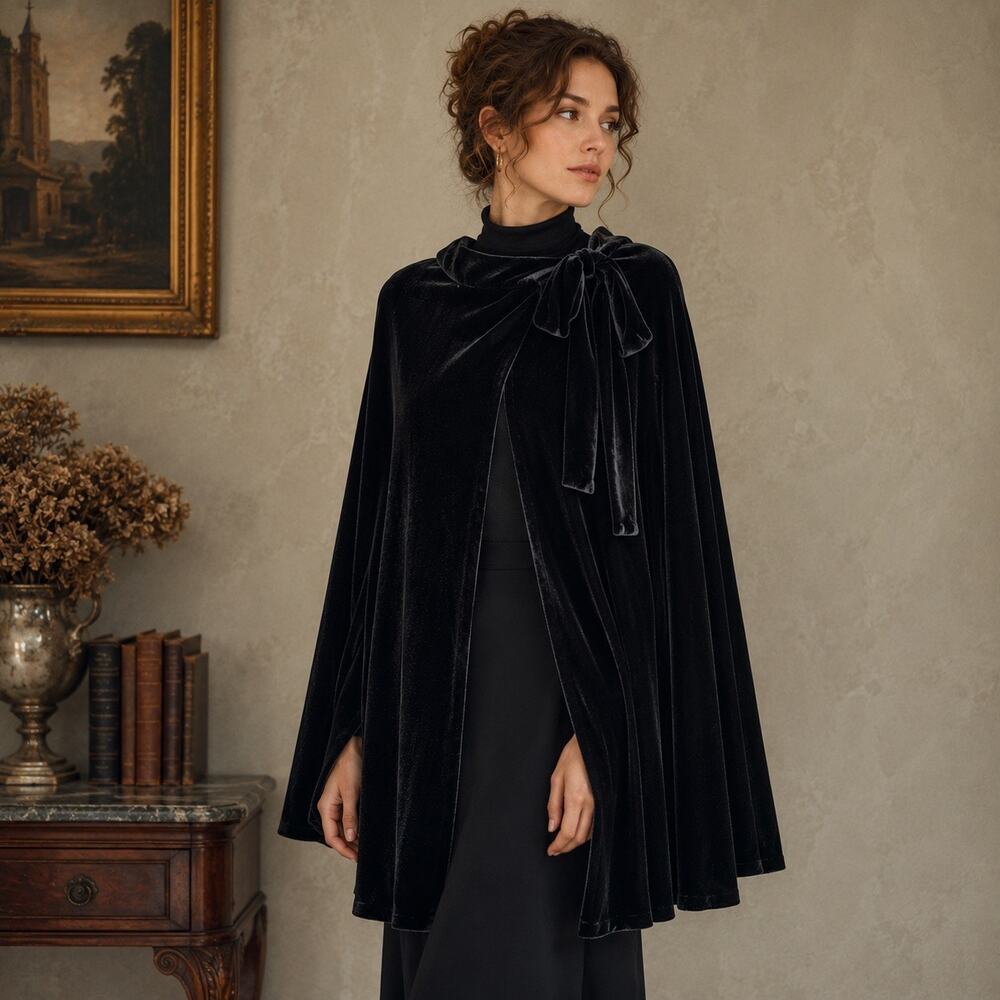 J.Crew Vintage Victorian Velvet Tie Neck Silk Blend Cape Shawl Black Size 10